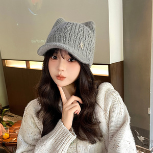 Bán Buôn Mới Mùa Đông Dệt Kim Mèo Tai Ngắn Mũ Bóng Chày Unisex Ngoài Trời Ấm Áp 100% Acrylic Dễ Thương Sợi <span class=keywords><strong>Beanie</strong></span> <span class=keywords><strong>Hat</strong></span> - Product Image 2