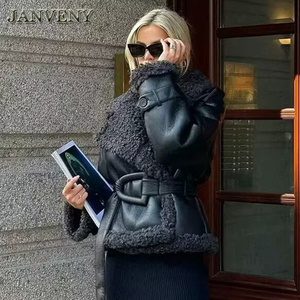 JANVENY 2025 nouveau hiver Patchwork Pu cuir veste avec <span class=keywords><strong>ceinture</strong></span> femmes col montant épaulette épaissir décontracté en peluche noir manteau - Product Image 2
