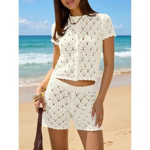 Fisoew Womens <b>Crochet</b> Coverup 2 Piece <b>Set</b> Short Sleeve Button Crop Top Beach Shorts Elastic Waist Deep V Neck Summer Swimwear - Product Image 4