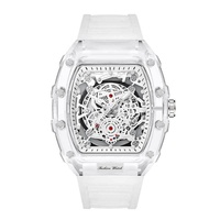 Nouvelle Arrivée Montre à Quartz pour Homme Boîtier Transparent Unique en Forme de Baril Bracelet en Silicone Résistant à l'Eau 30M Design Tendance
