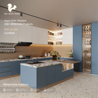 Meubles de cuisine de luxe AIGE, panneaux plats modernes bleu et blanc, sur mesure en forme de L avec îlot central et éclairage LED pour villa et appartement