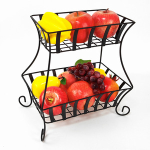 Two Tiered Fruit Basket Black Wrought Iron Rectangle <b>Standing</b> Type Durable Food Container For Living Room Modern Minimalist - Product Image 1