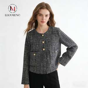 LM W13 Elegant Collarless Design Gold Buttons Short Length Woven Fabric Women's Black and <strong>White</strong> Tweed <strong>Jacket</strong> - Product Image 1