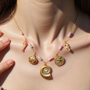 Collar de acero inoxidable con colgante de pez, concha y sirena, chapado en oro de 18 quilates, cadena para clavícula, para mujer, regalo, joyería. - Product Image 1