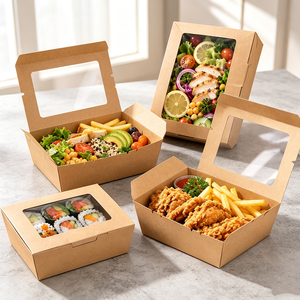 Caja de Papel Kraft a Prueba de Aceite, Tamaño Personalizado OEM, con Ventana Transparente de PET, Contenedor Desechable para Pasta, <span class=keywords><strong>Sushi</strong></span>, Comida para Llevar - Product Image 2