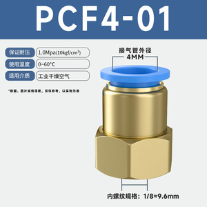 Raccord pneumatique flexible en cuivre bleu à connexion rapide, filetage interne droit PCF6-01/8-02/10-03/12-04 Connecteurs de produits - Product Image 4