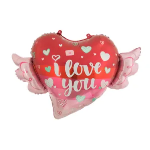 Factory New Design Wholesale Love Heart Printed Wings Party Balloons Wholesale Air Filling Valentine Decoration Foil Balloons