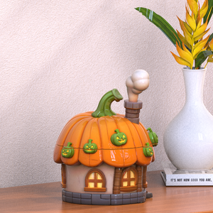 特注かわいいハロウィーンデザインセラミック容器磁器農村ラウンドエンボスパンプキンコテージ妖精の家型クッキージャー - Product Image 5