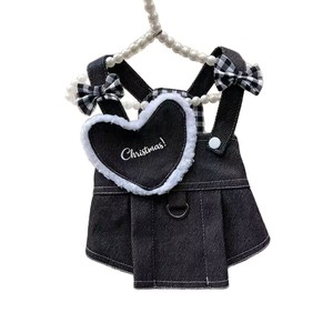 Denim <b>Overalls</b> Pet Dress With Heart Patch And Bowknot For Cats Dogs Princess Style Lightweight Spring Summer Wear - Product Image 5