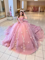 Prinzessinnen-Rosa Quinceañera-Kleid Ballkleid mit Blumenapplikationen Perlenstickerei Schleife Sweet 16 Vestidos De 15 Anos