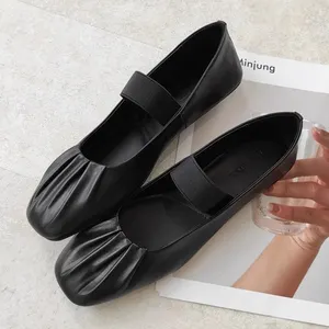 Sepatu kulit asli Mary Jane, Kasut anyaman tunggal nyaman, potongan rendah datar untuk perempuan