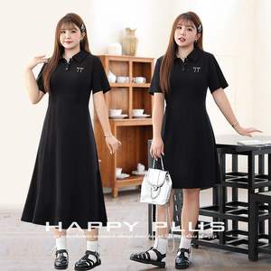 ชุดเดรสโปโลสีพื้นเรียบง่ายสำหรับผู้หญิงสวมใส่สบายๆ ทุกวันสีดำแขนสั้นเดรสยาวดีไซน์กระดุมเอวธรรมชาติ - Product Image 2