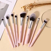 Ensemble de 9 pinceaux de maquillage vegan à poils synthétiques doux, manche en bois rose brillant, avec support, pour le visage et le correcteur – Nouveauté très prisée