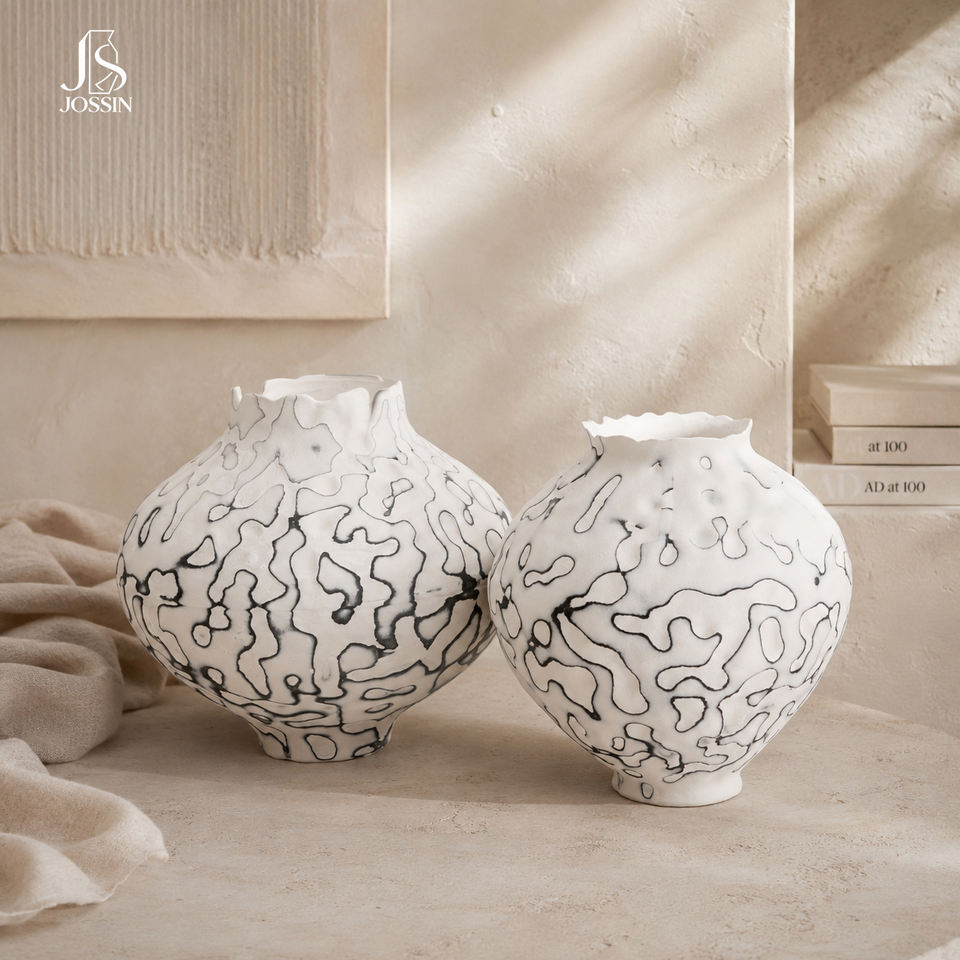 Jossin White Ceramic Flower Vase with Abstract Ink Wash Pattern and ...