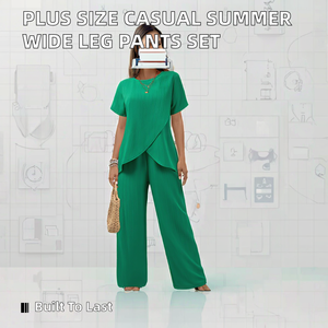 Nouvel ensemble de vêtements d'été pour femmes, décontracté, quotidien, uni, respirant, en élasthanne/polyester, manches courtes, 2 pièces, pantalon large, taille plus - Product Image 2