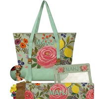 Set de Bolsas de Almacenamiento para Mahjong con Diseño Floral y Frutal, Base Verde Menta, Hebillas de Latón, Ilustraciones de Rosas y Limones, Bolsa Transparente para Accesorios, MAHJ