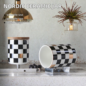 Nordic Checkerboard Pattern Ceramic <b>Storage</b> Jar Wooden Lid for Coffee Flower Tea Cosmetic <b>Storage</b> Back School Food Cat Canister - Product Image 2