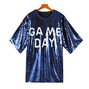 T-shirt <span class=keywords><strong>da</strong></span> <span class=keywords><strong>Donna</strong></span> con Paillettes, Collo Tondo, Mezza Manica, Vestito Ampio con Stampa 'GAME DAY' - Product Image 3