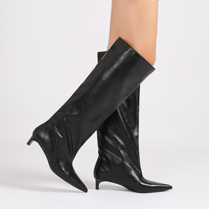 Wholesale <b>Knee</b>-<b>High</b> Boots Factory Direct Women Black Soft Leather Pointed Toe Kitten Heel Draped Wide Shaft Relaxed Long Boots - Product Image 3