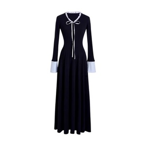 Petite Women Elegant Long Sleeve Dress Navy Blue <b>Tie</b> <b>Neck</b> Contrast Color Block Waist Cinching Daily Casual Dress - Product Image 5