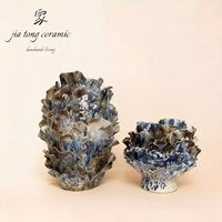 Ensemble de vases en céramique faits à la main, motif fleur de corail bleu-brun à volants froissés, pour la décoration intérieure, vente en gros, personnalisable OEM 0837
