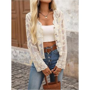 Women's Lace Floral Embroidered Blouse Balloon Sleeve Sheer Mesh Button Down <b>Top</b> Party Boho Style - Product Image 5
