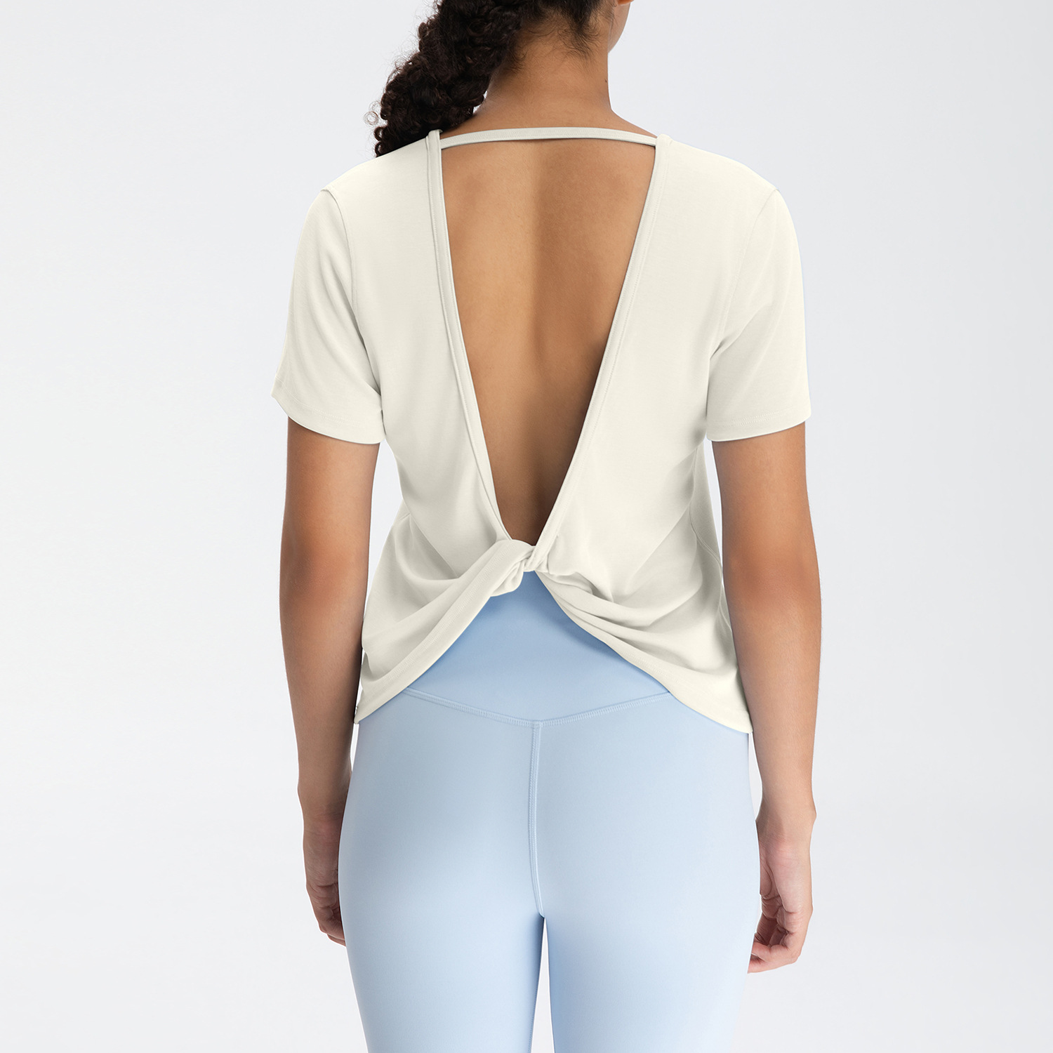 Premium Quality Ribbed Modal Open Back Twist Workout T Shirt Short Sleeve Round Neck Yoga Top Casual Sports Gym Tee for Women