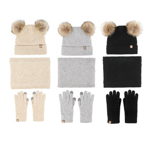 Enfants Filles Garçons Hiver Solide Rose Violet Épais Motif Fourrure Doublé Double Fausse Fourrure Pompon Bonnet Écharpe Gants Ensemble 3 Pack <span class=keywords><strong>Snood</strong></span> - Product Image 3
