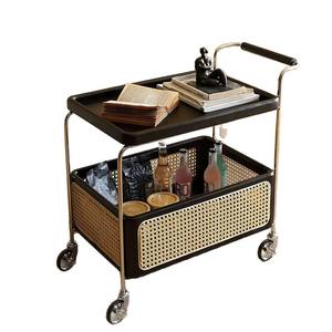 Carrito de Almacenamiento de Madera Maciza Estilo Vintage con Estante de Ratán, Carrito Móvil para Sala de Estar y Dormitorio - Product Image 2