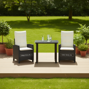 Ensemble de salle à manger de jardin blanc crème et noir, 2 places, meubles en osier d'extérieur, résistant aux intempéries, design contemporain - Product Image 2