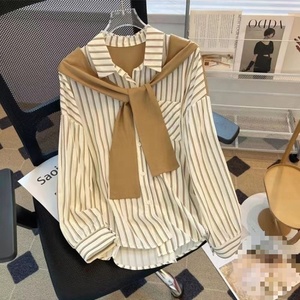 Camicia a maniche lunghe a righe da donna, vestibilità ampia e slim, con sciarpa effetto due pezzi, nuova collezione primavera - Product Image 1