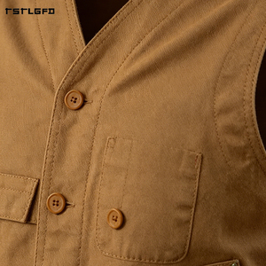 Men Heavyweight Cotton Canvas <b>Vest</b> Asymmetric Multi-Pocket Drawstring Curved Pocket V-Neck Relaxed Fit <b>Utility</b> Workwear Gilet - Product Image 2