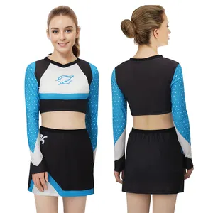 Maddy kostum Cheerleader lengan panjang, seragam sekolah pemandu sorak dua potong untuk wanita, kinerja pertandingan basket sepak bola