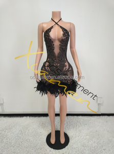 MF Sparkly Rhinestone Fashion Design Party Entrecruzado Halter Sin mangas Ladies Mini Club Dress con pluma - Product Image 3