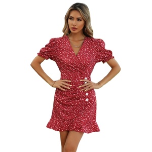 <strong>Custom</strong> 2024 Factory Wholesale Women Slash Neck Casual Pleated Skirt Beach Party Knee-Length Woven 2 Pcs Floral Summer <strong>Dresses</strong> - Product Image 1