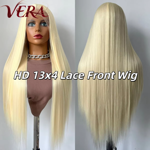 Wig sintetis Premium Futura Fibra Wholesale HD 13*4 Lace Front Free Part 320g Blonde Long Straight Natural Matte tahan panas - Product Image 2