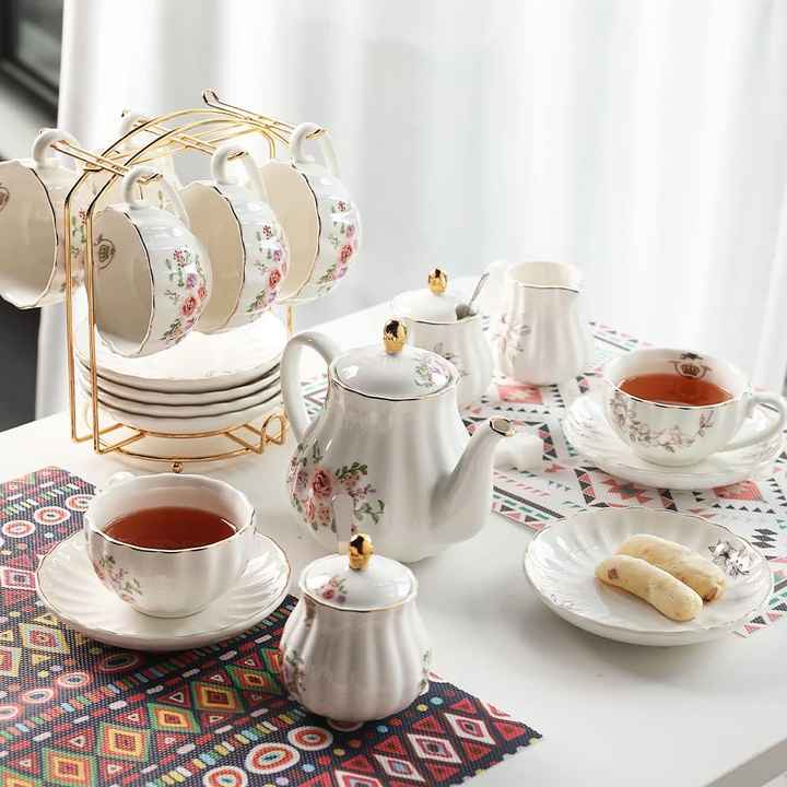8 OZ Cups and Saucer Service Porcelain Tea Sets with Teapot Sugar Bowl Cream Pitcher Teaspoons and Tea Strainer for Tea Coffee