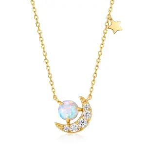 Girls Sterling Silver Synthetic Opal 5A CZ Crescent Moon Pendant Necklace