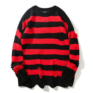 <strong>Black</strong> <strong>Red</strong> <strong>Striped</strong> Sweaters Washed Destroyed Ripped Sweater Crew Neck Men Hole Knit <strong>Jumpers</strong> Men Women Oversized Sweater Harajuku - Product Image 2