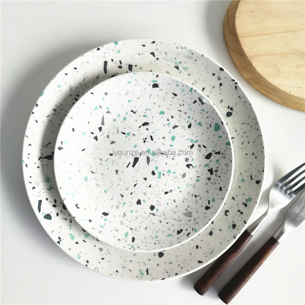 ディナー用の素敵なテラゾデザインのパッド印刷皿付き磁器ディナープレート