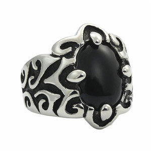 yunnique Men's <b>Silver</b> <b>Ring</b> With Black Stone Retro Flower Design Bezel Setting Jewelry Gift - Product Image 4