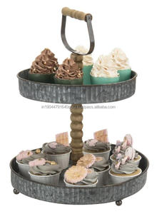 Support de service à deux niveaux en fer galvanisé serveur de gâteau avec poignée en bois facile à manipuler pour la décoration de la maison et le dessus de table - Product Image 5