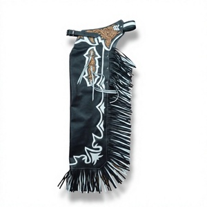 Chaps de Rodeo Western avec franges incrustées blanches, en tissu satiné pleine longueur, décorations brodées à la main, unisexe, pour l'équitation - Product Image 1