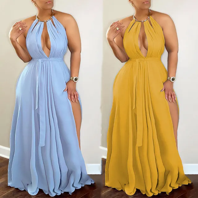 GX3083 Summer solid color women's hollow out tie neck high split sexy long maxi dress