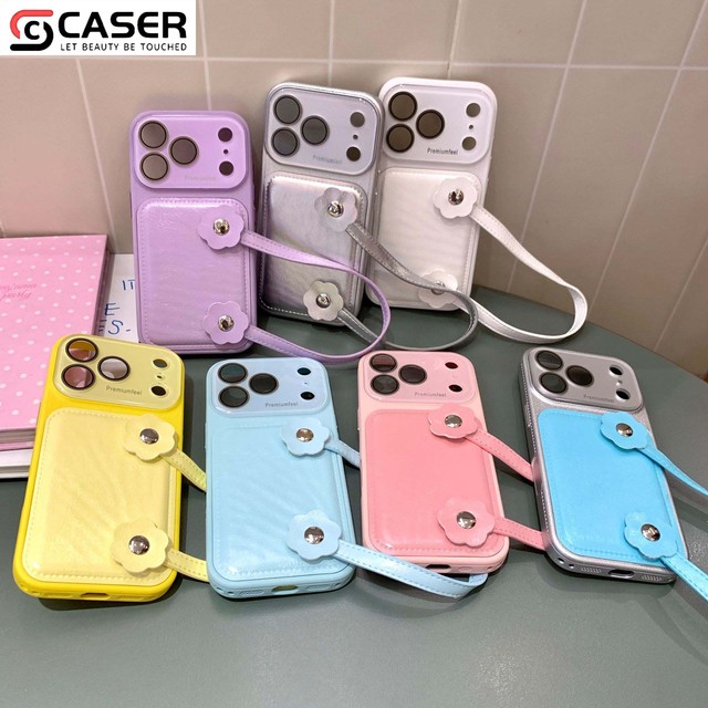 Korean Ins Style Bling Flower Hand Strap Shell Phone case for iPhone 13-18 Anti Drop Oil Wax Leather Protective Shell