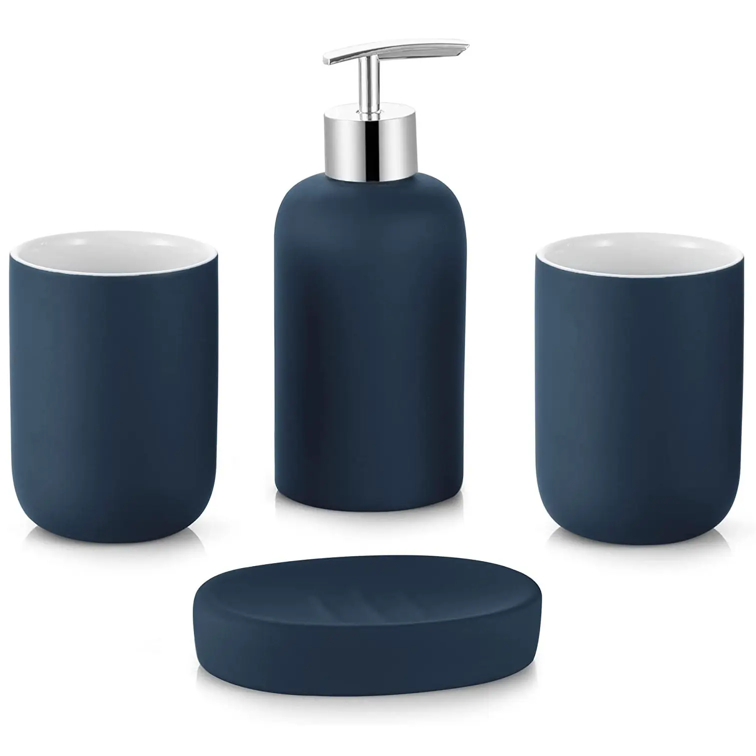 4 adet Vanity tezgah seramik aksesuar seti banyo dekoru losyon dispenseri sabun pompası, 2 bardak ve sabunluk