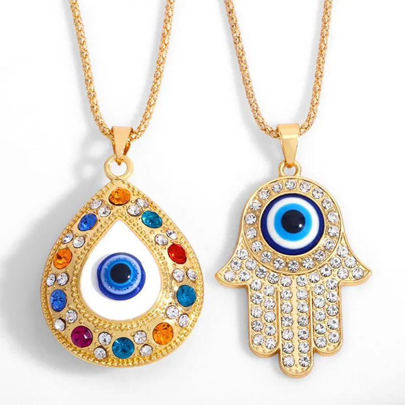 Delicado 18K oro relleno Hamsa Fátima manos colgante joyería de moda Turquía colorido cristal circón azul mal de ojos encanto collar
