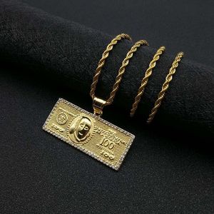 Collar con Colgante de Dólar en Acero Inoxidable Chapado en Oro y Diamantes, Diseño de 100 Dólares, Joyería Hip Hop, Regalo - Product Image 1
