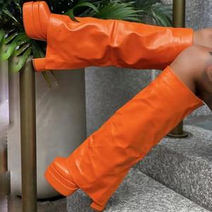 SHIKOL turuncu kırmızı sıcak pembe deri diz yüksek çizmeler kadınlar için çift platformu blok yüksek topuklu kadınlar için çizmeler üzerinde kat - Product Image 1