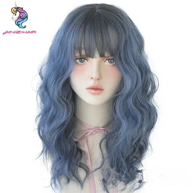 Ainizi großhandel 21 zoll mode Korean stil Blue Deep Wave Wig With Bangs For Women Cosplay Party Synthetic Wig